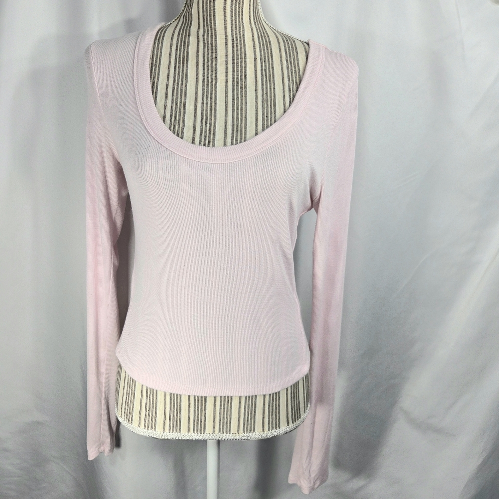 Universal Thread Pink Ribbed Cropped Long Sleeve Scoop Neck Top Size Large